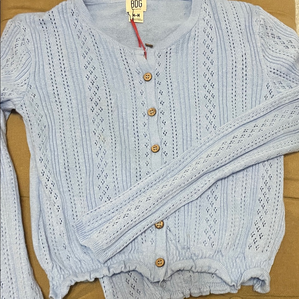 BDG Light Blue Open-Knit Button Cardigan - Picture 2 of 3